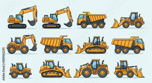 Construction Vehicle Icon Set: Yellow Excavator Bulldozer and Dump Truck