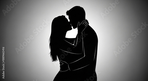 Couple embracing and kissing in a tender romantic moment captured in silhouette illustration