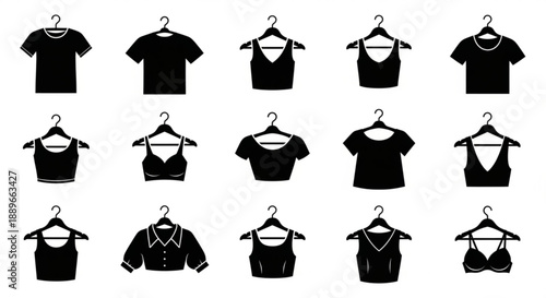 Clothing Store Graphics: Hanger Icons with T-shirts, Blouses, and Bras
