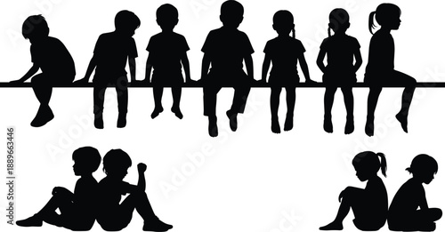 Silhouettes of children sitting together and apart, childhood emotions, friendship, social interaction, playtime and learning concept, unity and individuality illustration