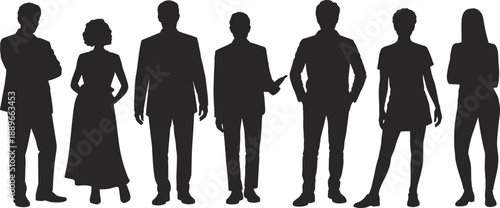 Silhouettes of diverse men and women standing side by side in formal and casual outfits, teamwork concept, business, fashion, leadership, group unity