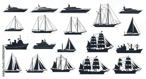 Naval Vessel Silhouette Set: Sailboats and Modern Yachts for Marine Design