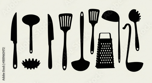 Kitchen Utensil Silhouette Set: Professional Cooking Tools and Cutlery Collection