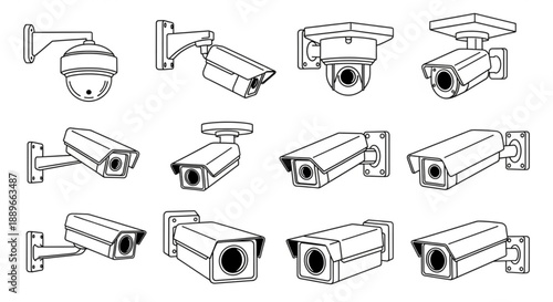 Modern CCTV Icon Set: Detailed Bullet and Dome Camera Silhouettes