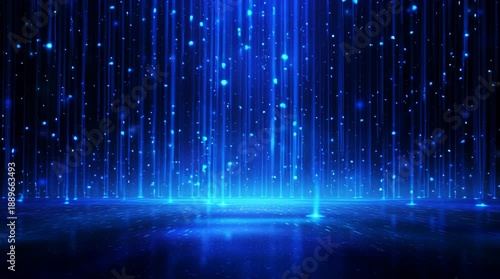 Abstract Blue Light Stage Background with Falling Particles and Streaks