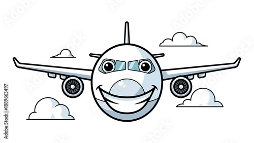 Happy cartoon airplane with smiling face flying among clouds in a white background