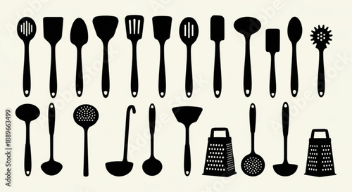 Culinary Equipment Graphics: Black Silhouettes of Spoons, Spatulas, and Ladles