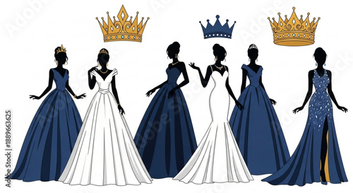 Elegant Ball Gown Silhouette Set: Royal Princess Figures and Evening Wear
