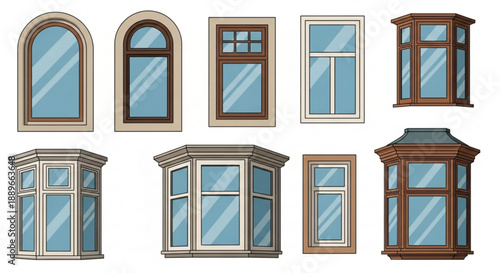 Window Frame Icon Set: Arched and Rectangular Sashes Isolated on White