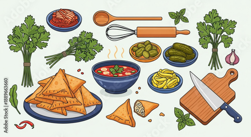 Traditional Food Illustration Set: Colorful Flat Vector Soup, Samosas, and Herbs