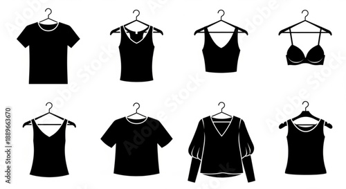 Clothing Hanger Icon Set: Black and White Apparel Silhouettes for Retail