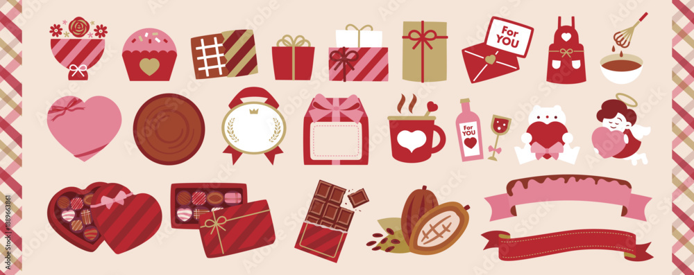 Obraz premium バレンタインデーのバレンタインチョコレートやラッピング、チョコレートボックスなどのシンプルなフラットイラストセット:プレゼントボックス・箱