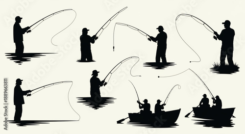 Outdoor Fishing Collection: Black Silhouettes of People Fishing in Various Poses