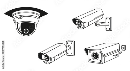 CCTV Monitoring Icons: Wall and Ceiling Mount Security Camera Set