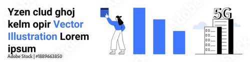 Data analysis, 5G technology, networking, telecommunication, internet speed, digital growth. Woman analyzing bar graph, 5G tower beside text. Data analysis and 5G technology concept