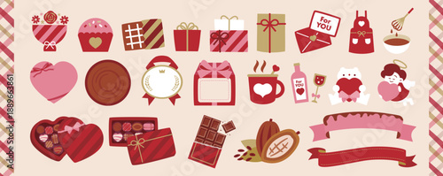 バレンタインデーのバレンタインチョコレートやラッピング、チョコレートボックスなどのシンプルなフラットイラストセット:プレゼントボックス・箱