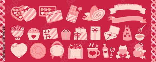 バレンタインデー用バレンタインチョコ・チョコレート、チョコレートボックス、ラッピングイラストやフレーム:バレンタインのかわいいフラットアイコン