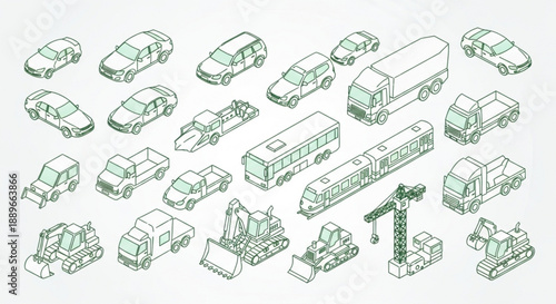 Modern Transportation Vector: Green Line Art Vehicles and Construction Machines