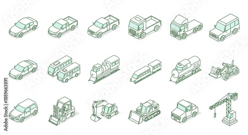 Isometric Transport Icon Set: Green Outline Cars, Trucks, and Buses