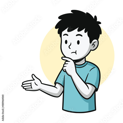 Thoughtful cartoon boy pondering question, hand gesturing to present or inquire for explanation