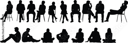 Silhouettes of people sitting in various poses, communication, contemplation, relaxation and social interaction concept, community discussion and mindfulness illustration