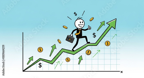 Stick Figure Businessman Climbing Upward Growth Chart with Money.
