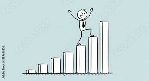 Stick figure businessman climbing a bar chart representing success.