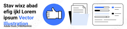 Approval process, document handling, digital forms, feedback systems, file organization, and content review. Thumbs up icon with documents and a filled-out form. Approval process and document