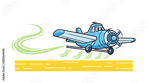 Vintage style cartoon airplane taking off from a runway with motion lines and yellow road strip