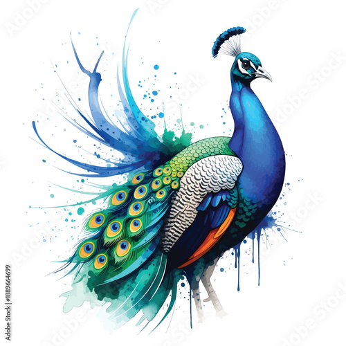Colorful Peacock Illustration with Artistic Watercolor Paint Splatters