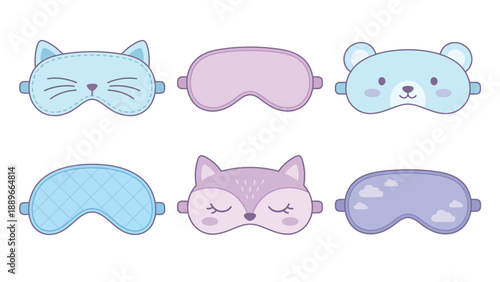 A collection of six cute and colorful sleep masks featuring animal designs like a cat, bear, and fox, along with plain and patterned options, in pastel blue and purple hues.