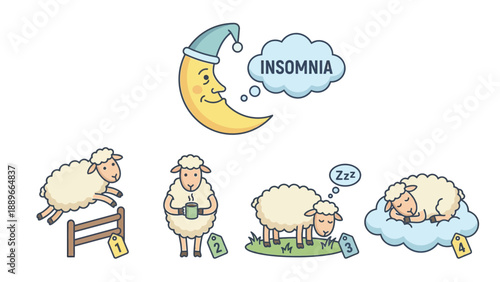 Whimsical cartoon illustration depicting the concept of insomnia, featuring a crescent moon contemplating sleeplessness and four sheep in various states related to sleep.