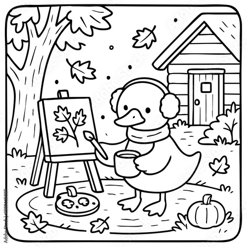 A whimsical scene featuring a duck painting autumn leaves outside a cozy cabin, surrounded by pumpkins and cookies amidst falling leaves.
