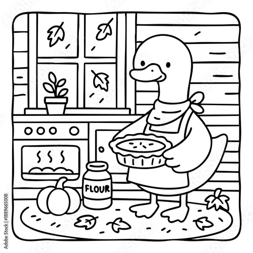 A whimsical illustration of a duck in an apron, baking a pie in a cozy kitchen filled with autumn leaves and seasonal decor.