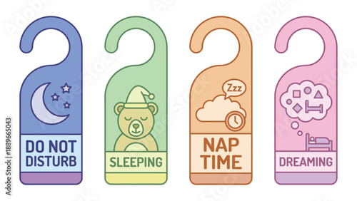 Four colorful cartoon door hangers depicting various sleep-related themes like do not disturb, sleeping, nap time, and dreaming.