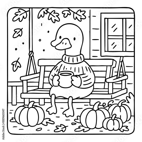 A cozy scene featuring a duck in a sweater, sitting on a bench with a cup, surrounded by pumpkins and autumn leaves.