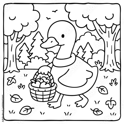 A cheerful duck walks through a forest, carrying a basket filled with apples, surrounded by trees and leaves.