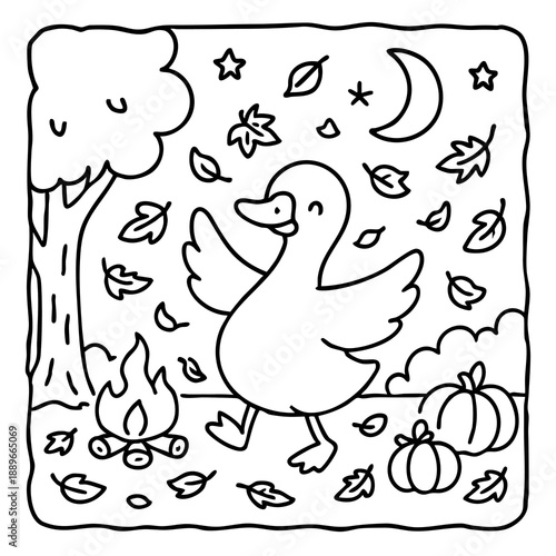 A whimsical illustration of a duck surrounded by autumn leaves, pumpkins, a tree, and a campfire under a starry night sky.