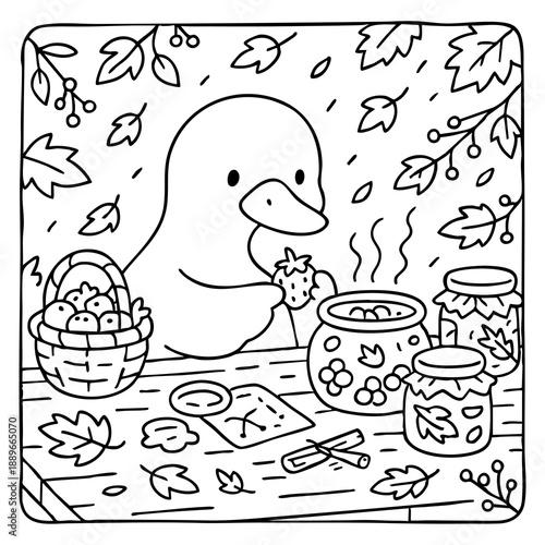 A cute platypus is preparing food in a cozy, autumn-themed setting with jars, a basket, and falling leaves around.