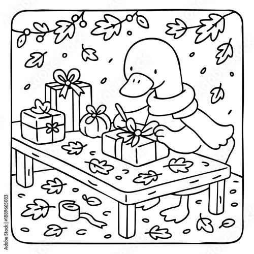 A cheerful duck wraps gifts on a table surrounded by falling leaves, capturing a whimsical autumn scene.