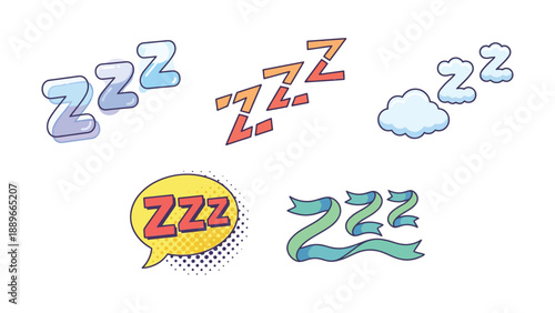 A collection of five distinct graphic illustrations depicting the 'zzz' symbol, representing sleep, rest, or snoring, in various artistic styles including speech bubbles, clouds, and ribbons.