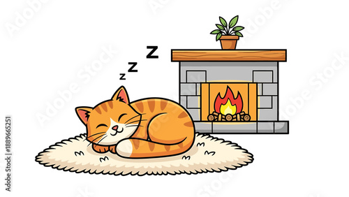 Sleeping orange tabby cat by cozy fireplace with warm crackling flames on a fluffy rug
