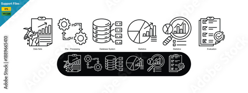 Data mining banner web icon vector illustration concept with icon of data sets, pre-processing, database systems, statistics, analytics and evaluation. two color icons set