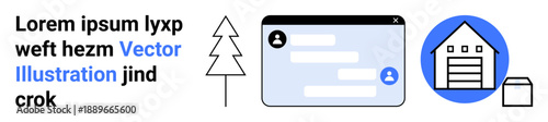 Online communication, digital services, property management, home security, nature conservation, technology tools. A chat interface, a house a tree . Online communication and property management