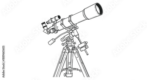 Telescope on tripod for stargazing and astronomy research in a dark environment with detailed design