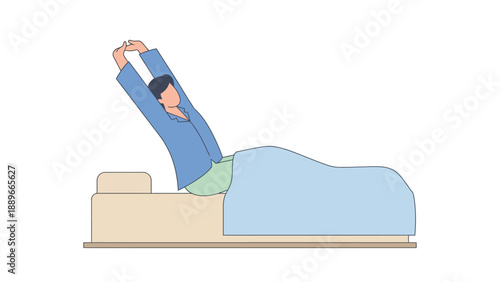 A person in blue pajamas stretching their arms upwards while waking up in a bed with a light blue blanket.