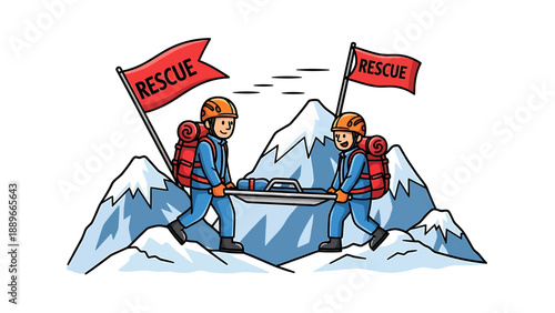 Rescue team carrying injured person on stretcher through snowy mountains with flags