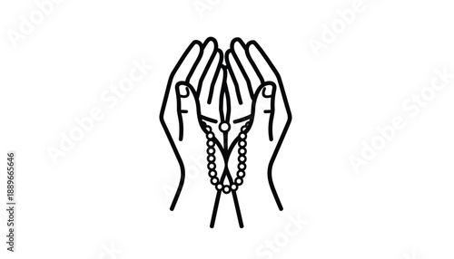 Praying hands holding rosary beads in black line art symbolizing faith and spirituality in a simple elegant design