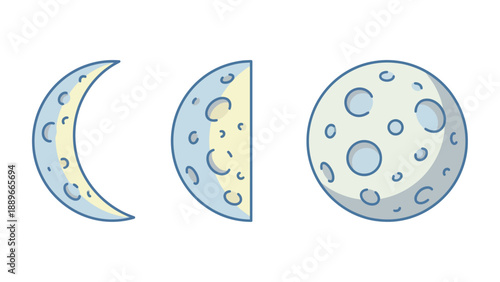 Three cartoon illustrations depicting different phases of the moon, including crescent, half, and full moon, with visible craters.