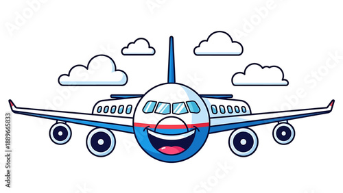 Cartoon airplane with smiling face flying among white clouds in blue sky illustration